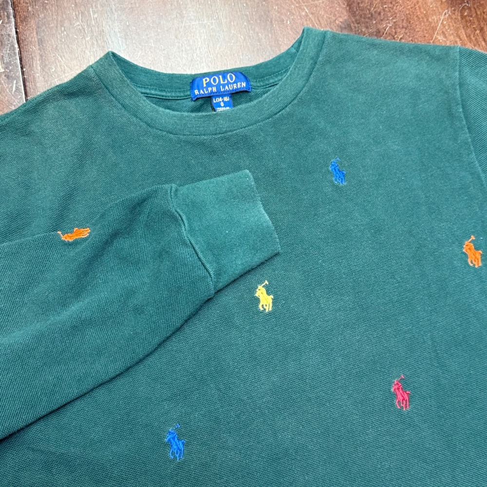 Polo Ralph Lauren Long Sleeve Shirt Kids L 14-16 Green Multi Pony Embroider AOP